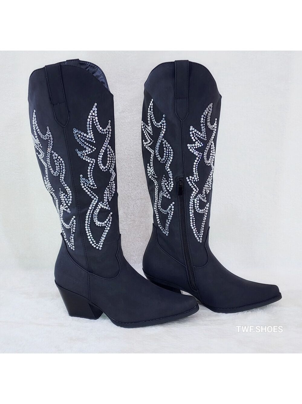 NIB Ann Black Leatherette With Rhinestones Country Glam Western Cowgirl Knee Bo - Picture 4 of 6